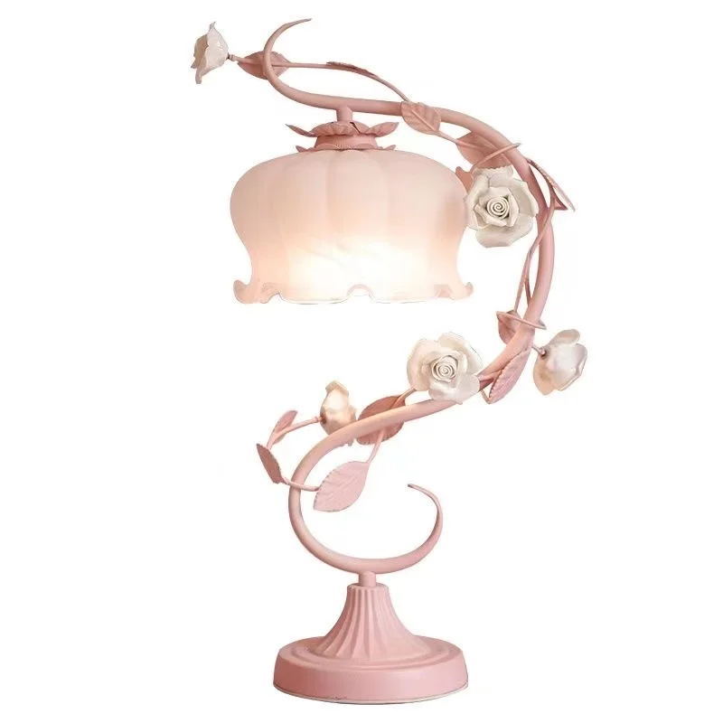 Modern white/green/pink rose iron lighting table lamp creative bedroom study girl children's room bedside lamp