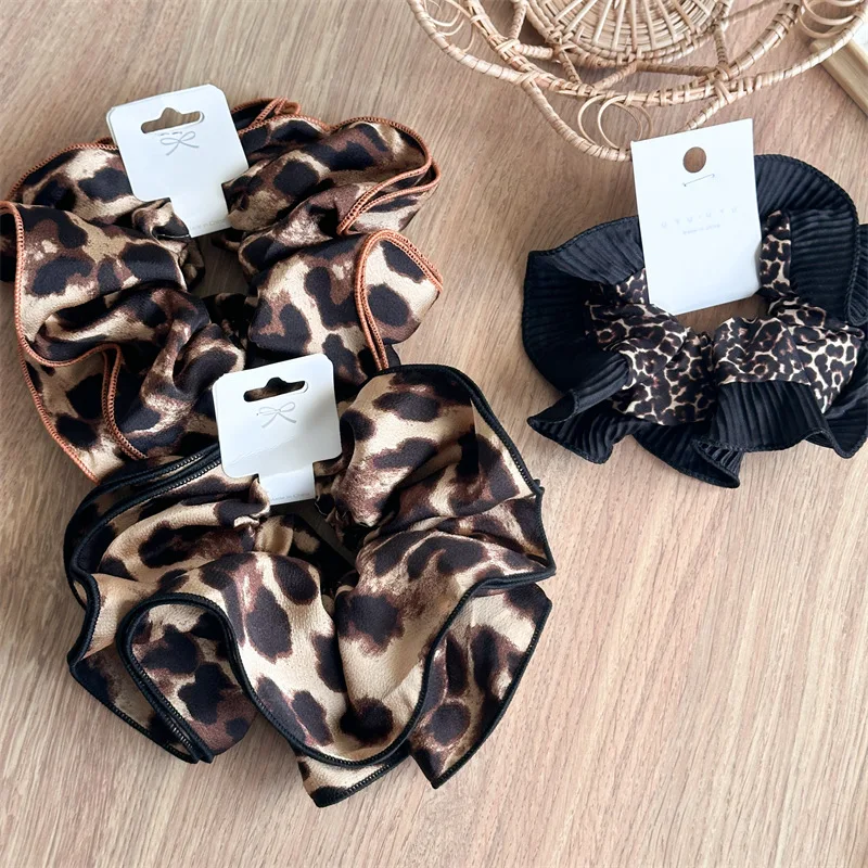 Sweet Cool Spice Girls Double Leopard-Print Elastic Scrunchie Retro Style Low Ponytail Hair Tie Hair Rope Hair Accessory