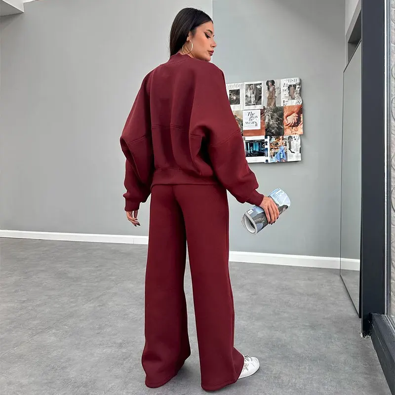 Women's clothing - Pure color fleece pullover coat with zipper for autumn and winter, paired with casual straight-leg pants