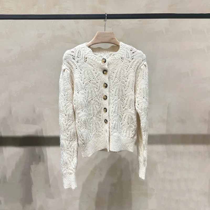 

【Gift Free】2025 Autumn Winter Romantic Handmade Crochet Hollow Floral Single-Breasted Round Neck Cardigan for Women