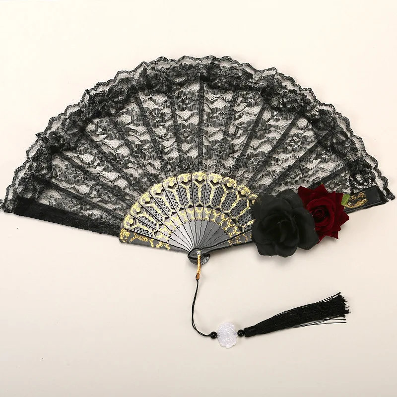 Female Lace Hand Fan Lolita Gothic Fan Victorian Vintage Black White Red Rose Bamboo Fans Cosplay Halloween Party Photo Prop