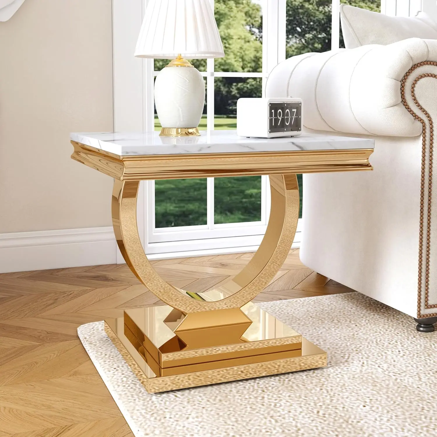 

Square Marble Side Table Faux Marble Top Gold Steel Base Modern Living Room Bedroom Office, Customized