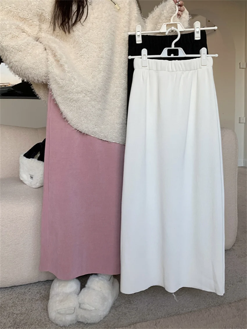 PLAMTEE M-L Winter Plush Women Long Skirts Chic Split New Gentle Autumn 2023 New Thicken Warm Casual Warm Daily Office Lady