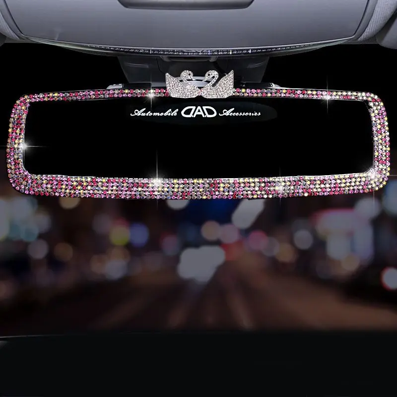 Swan Car Rearview Mirror Diamond  Rhinestone Ornament Car Interior High-End Decoration Set