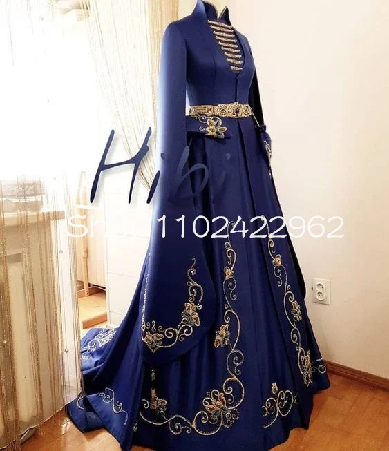 Royal Blue Muslim Moroccan Kaftan Evening Occasion Dresses Long Sleeve Cape Gold Beaded Embroidery Caucasus Caftan Prom Gowns