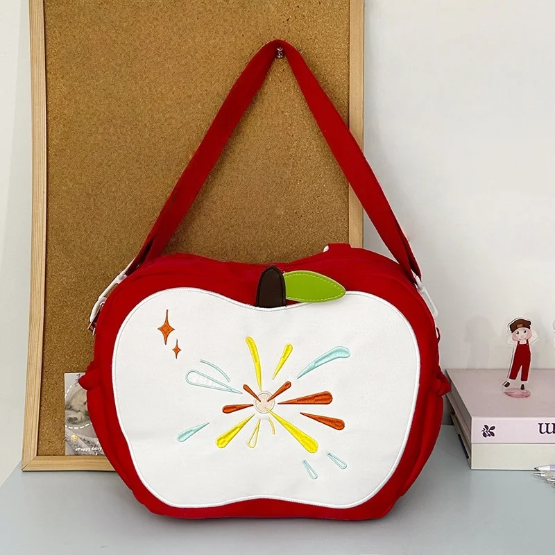 

Милая сумка через плечо в форме яблока с рисунком вышивки, сумка на одно плечо, студенческая нейлоновая модная легкая школьная сумка для девочек