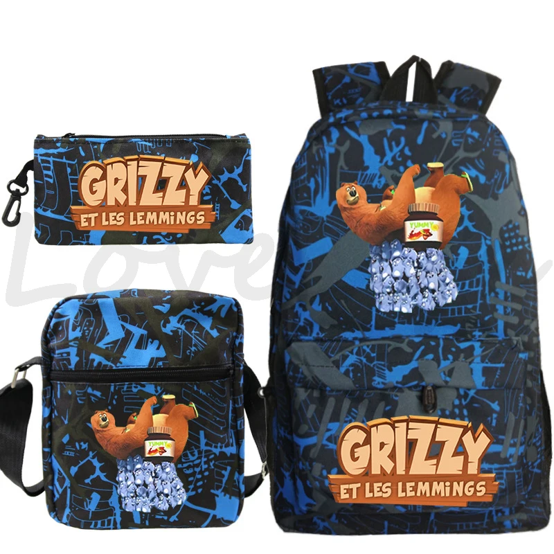 

Kids Cartoon Grizzy And Les Lemmings Backpack 3Pcs/set Mochila Canvas School Bags Girls Boys Casual Bookbag Students Rucksack