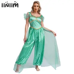 Womens Adult Arabic Arabian Princess Jasmine Cosplay Costume Sequin Trim Pumpkin Pants Belly Carnival Overlay Romper Jumpsuit