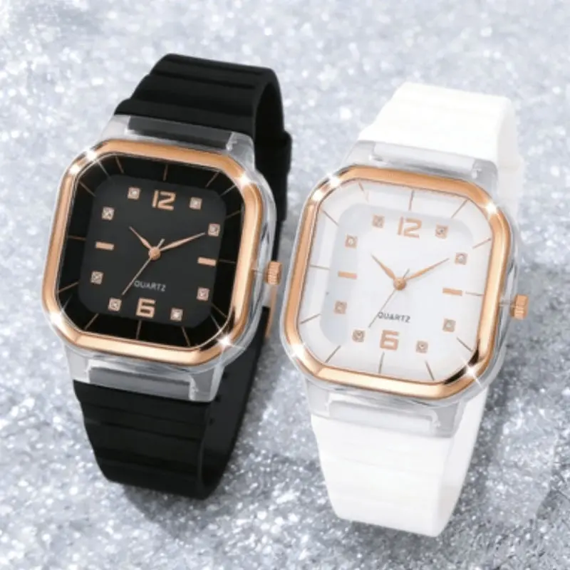 2pcs Fashion Simple Square Women's Quartz Watches Set Casual Silicone Band Ladies Quartz Wristwatch Reloj Mujer (Without Box)