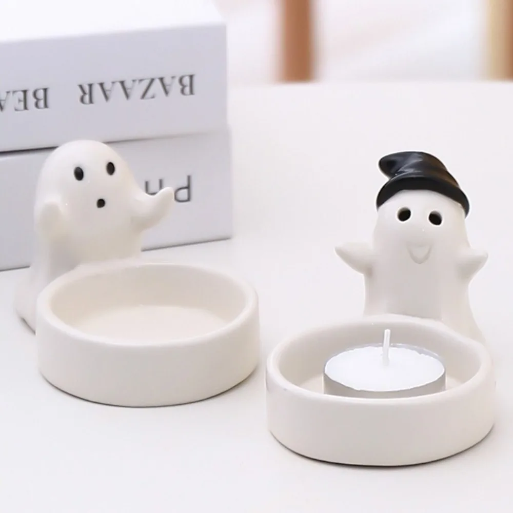 

Sturdy Ceramic Ghost Candlestick Cartoon Ghost Cute Halloween Candlestick Non-slip Tealight Candlestick Halloween Decoration