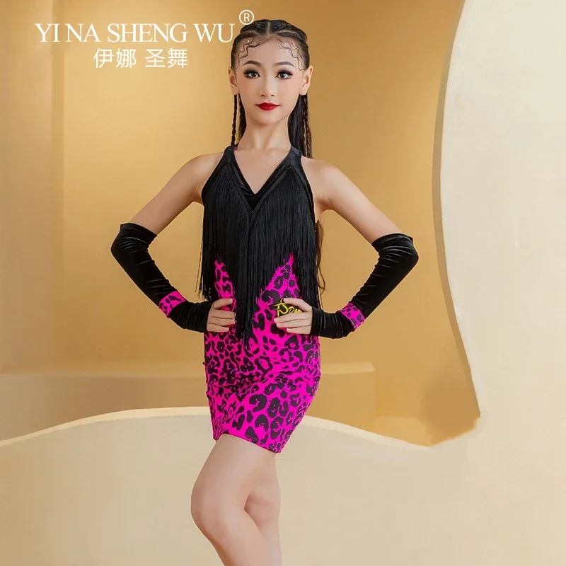 Abito latino per ragazza Abito da ragazza con nappa nera leopardata rosa rossa Abito da competizione per performance pratica rumba tango salsa per bambini