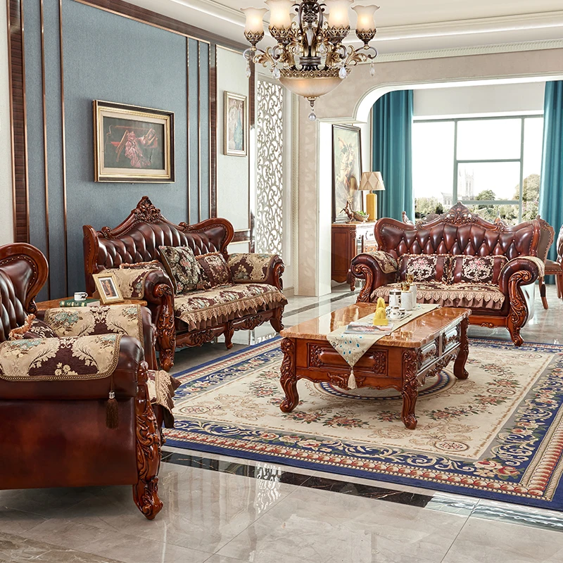 European style leather sofa hall villa American style high-end solid wood carved top layer cowhide sofa