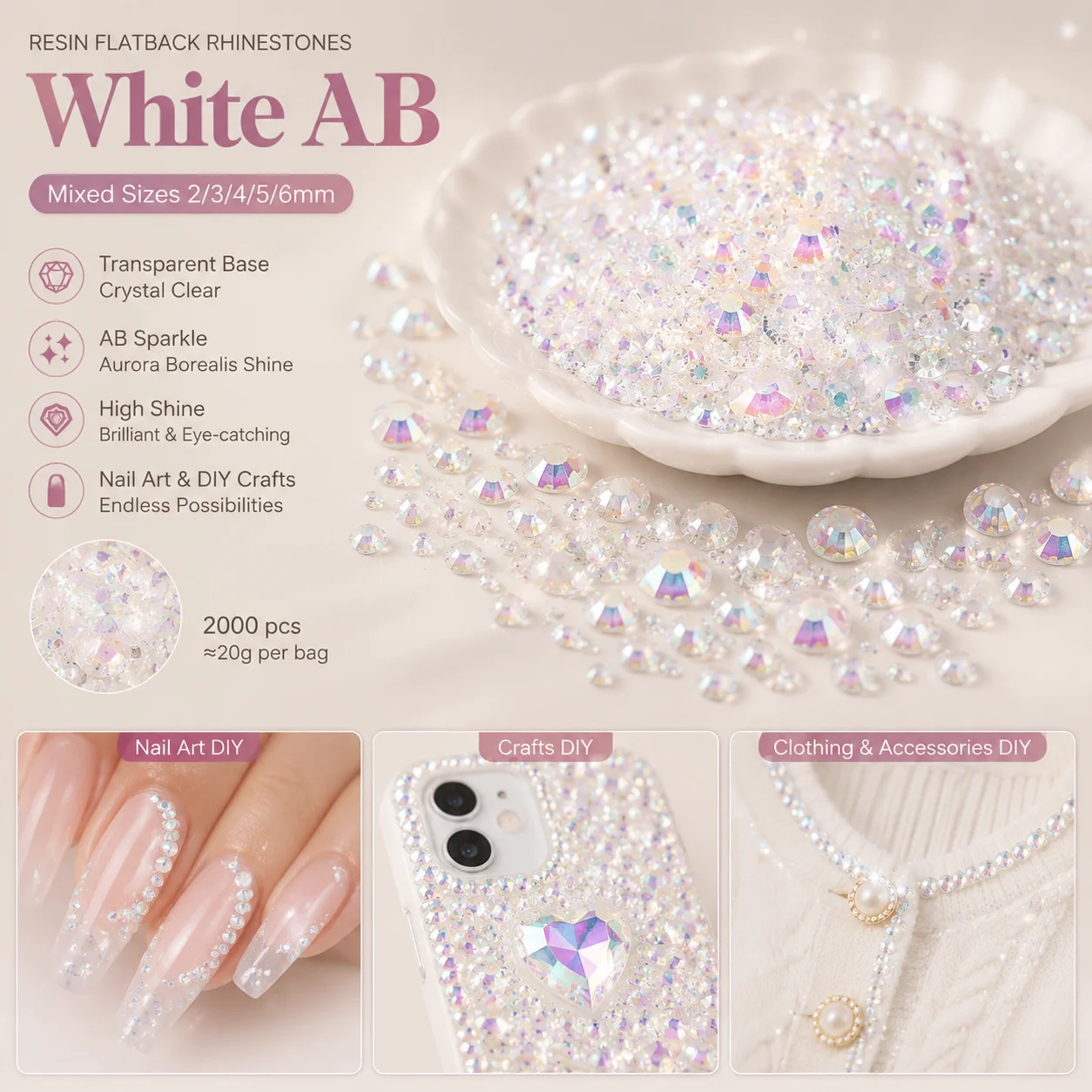2000Pcs Mixed 2-6mm Transparent Bottom Flatback Resin Rhinestones for Nail Art DIY