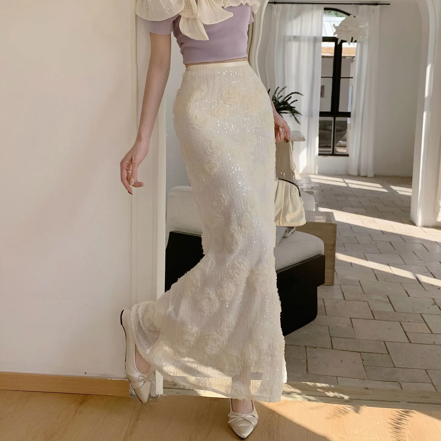 Spring Fall Women High Waisted Stretchy Appliques Flower Beige Black Sequined Trumpet Skirt , Woman Slim Glitters Mermaid Skirts