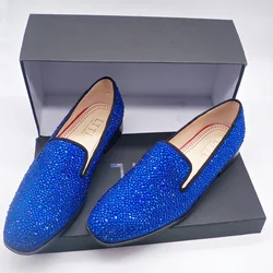 British Style Blue Rhinestone Loafers Dress Shoes For Men Luxury Slip On Men's Flats Suede Leather Casual Shoes