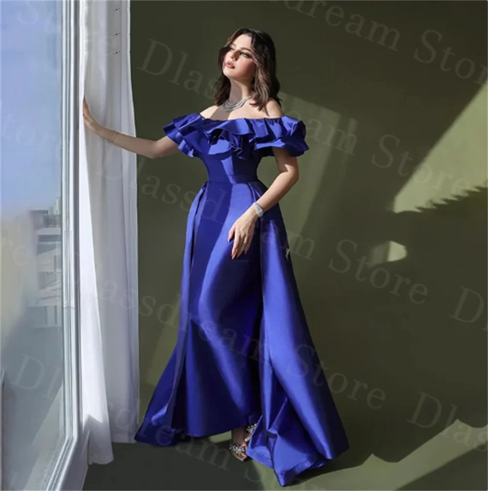 

Elegant Blue Mermaid Prom Dress Women's Off Shoulder Ruffled Satin Sleeveless Evening Dresses Vestidos De Fiesta Elegantes 2024