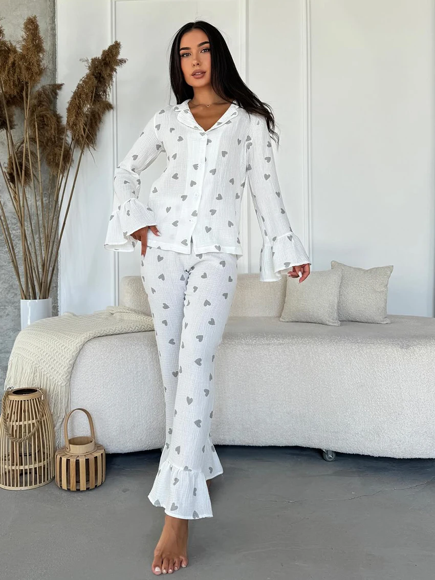Marthaqiqi Cotton Women Nightwear Suit Long Sleeve Pajamas Turn-Down Collar Nightie Crop Top Sleepwear Pants Loose Nightgown Set