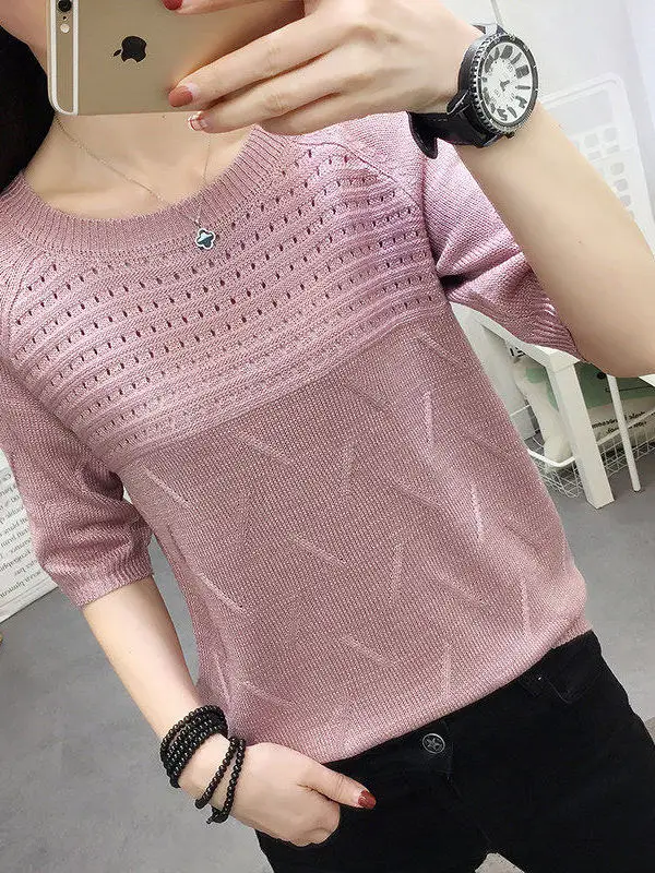 Summer Ice Silk Knitted T-Shirt Women's Base Shirt Loose Hollow out Short Sleeve round Neck Top Korean Style Commute Fashion