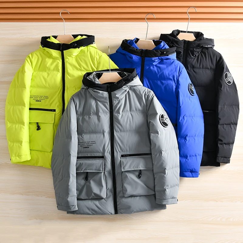 

Warmth Waterproof Hooded down Jacket Youth Fashion White Goose down Pure Color Men's Winter Coat Trendy Outerwear Coat