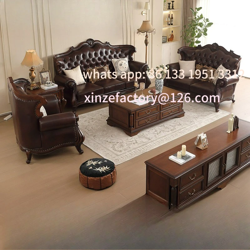 

Retro solid wood first-layer cowhide small apartment living room furniture