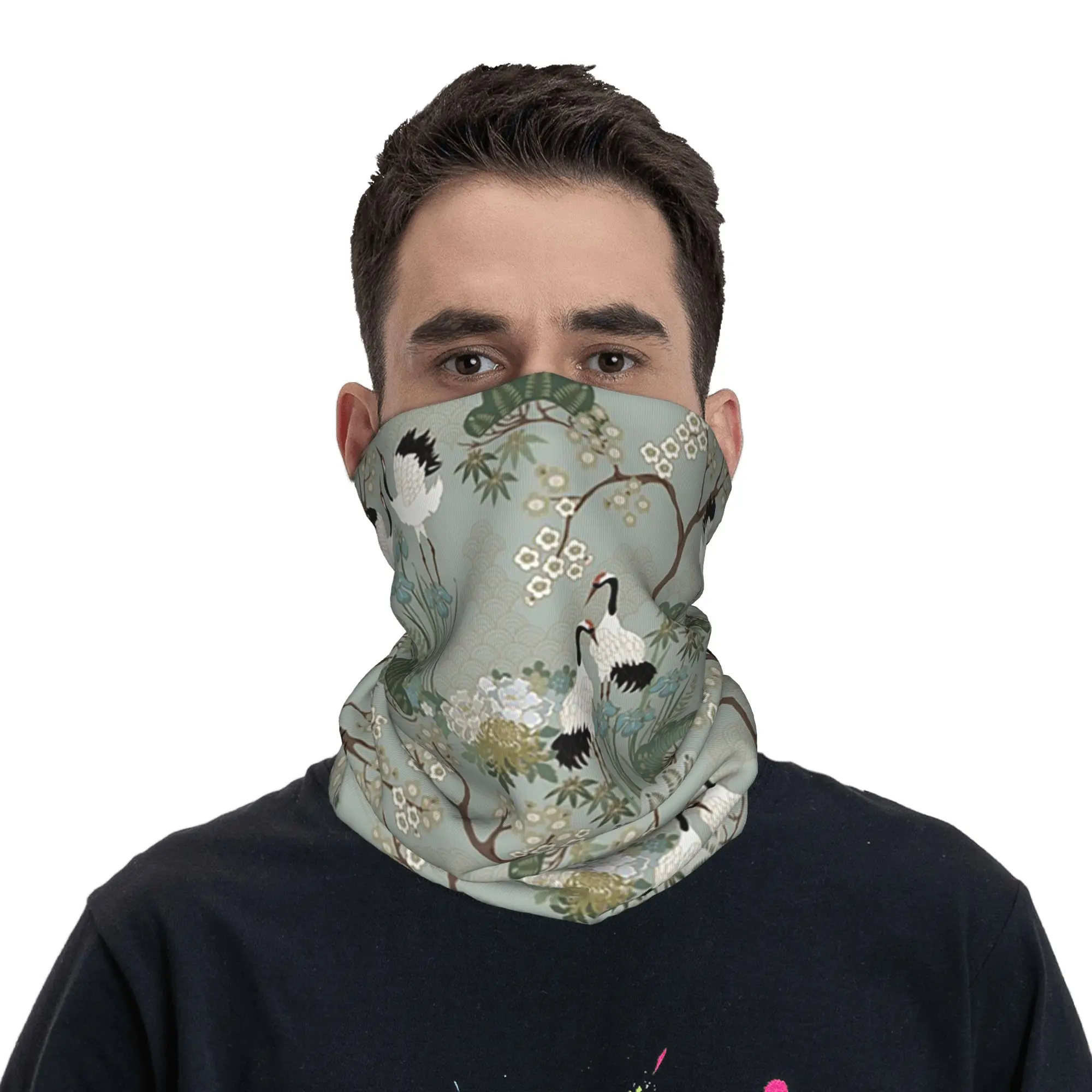Japanese Garden Cranes Design Bandana Neck Cover Printed Wrap Scarf Warm Cycling Scarf Outdoor Sports Unisex Adult