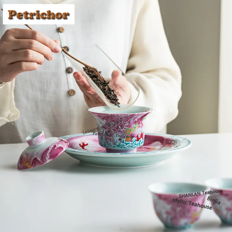 130ml Enamel Color Pastel Rouge Red Dragon Gaiwan Vintage Tea Tureen Tea Bowl With Lid Kit Tea Maker Cover Bowl Teaset Supplies view 6