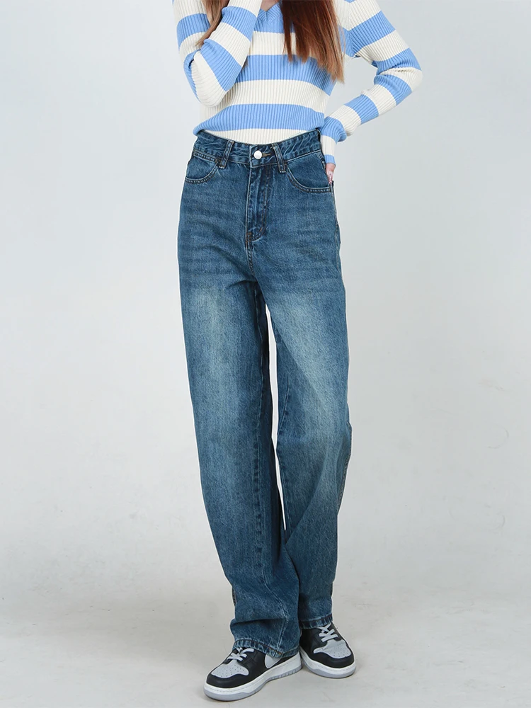 

Свободные джинсы с высокой талией, неэластичные джинсы, женские корейские длинные брюки с завышенной талией, прямые брюки для похудения