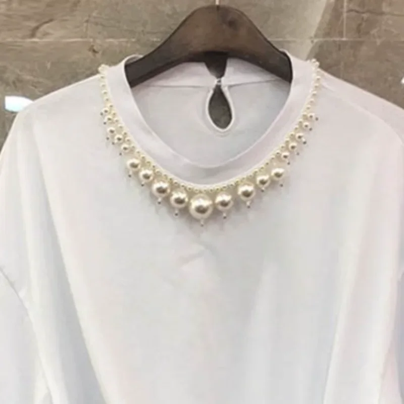 OCEANLOVE Beading Pearls T Shirt for Women Solid Bandage Korean Fashion Summer Camisetas Loose Casual O Neck Ropa De Mujer