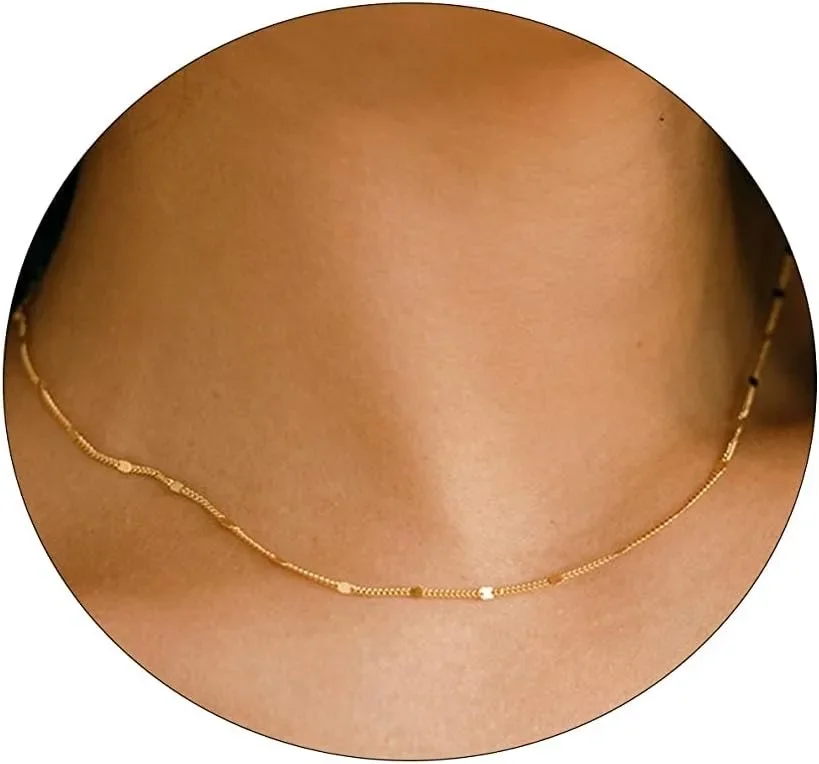Gargantilla satélite chapada en oro/plata K, cadena de estación de puntos brillantes, collar de cadena brillante, cadena de eslabones, joyería exquisita para mujer