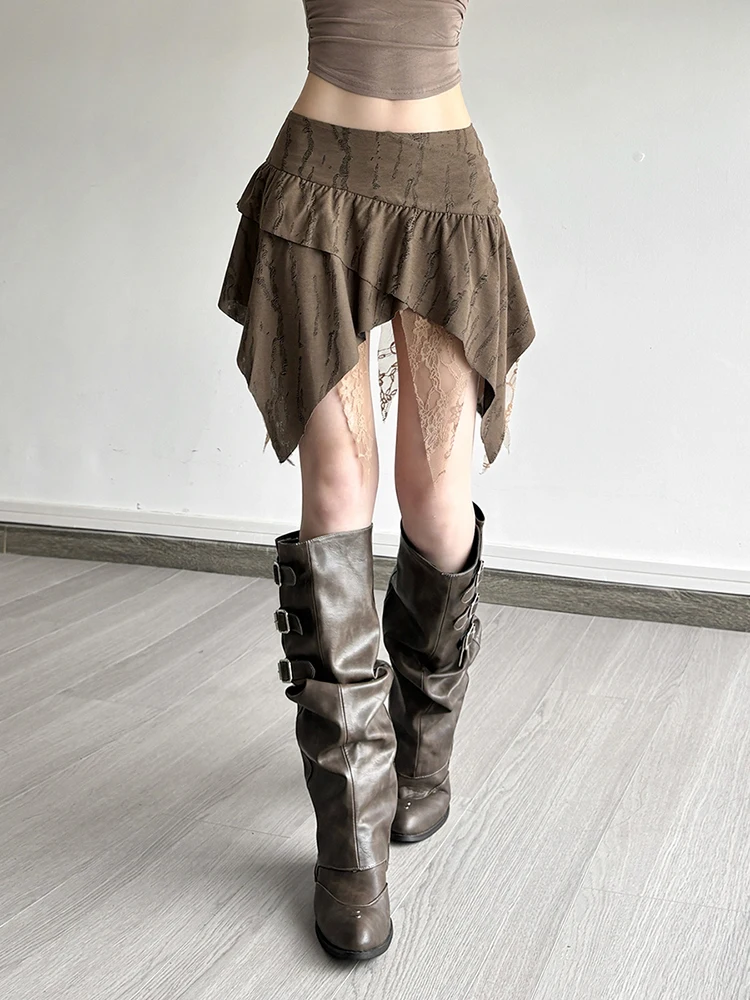 Mesh Patchwork Mini Skirts Women Irregular High Waist Skinny Stretch Fashion Versatile Style Ruched Elegant Bottms