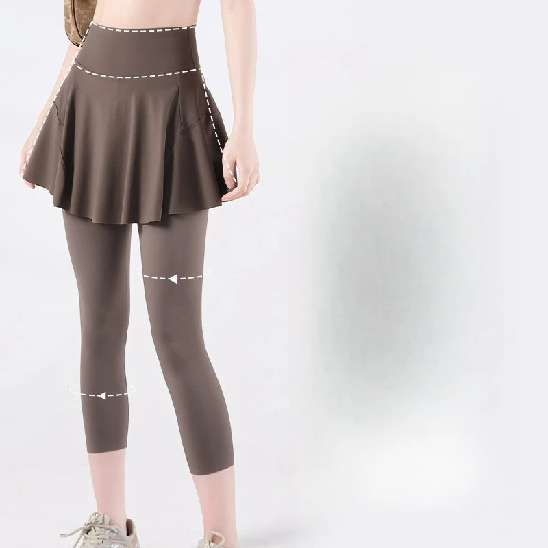 Summer Sale Favorite Gray Women's Running Tights High Waist Skirt Leggings with Hidden Pocket Seamless Yoga Capri Pants Tummy