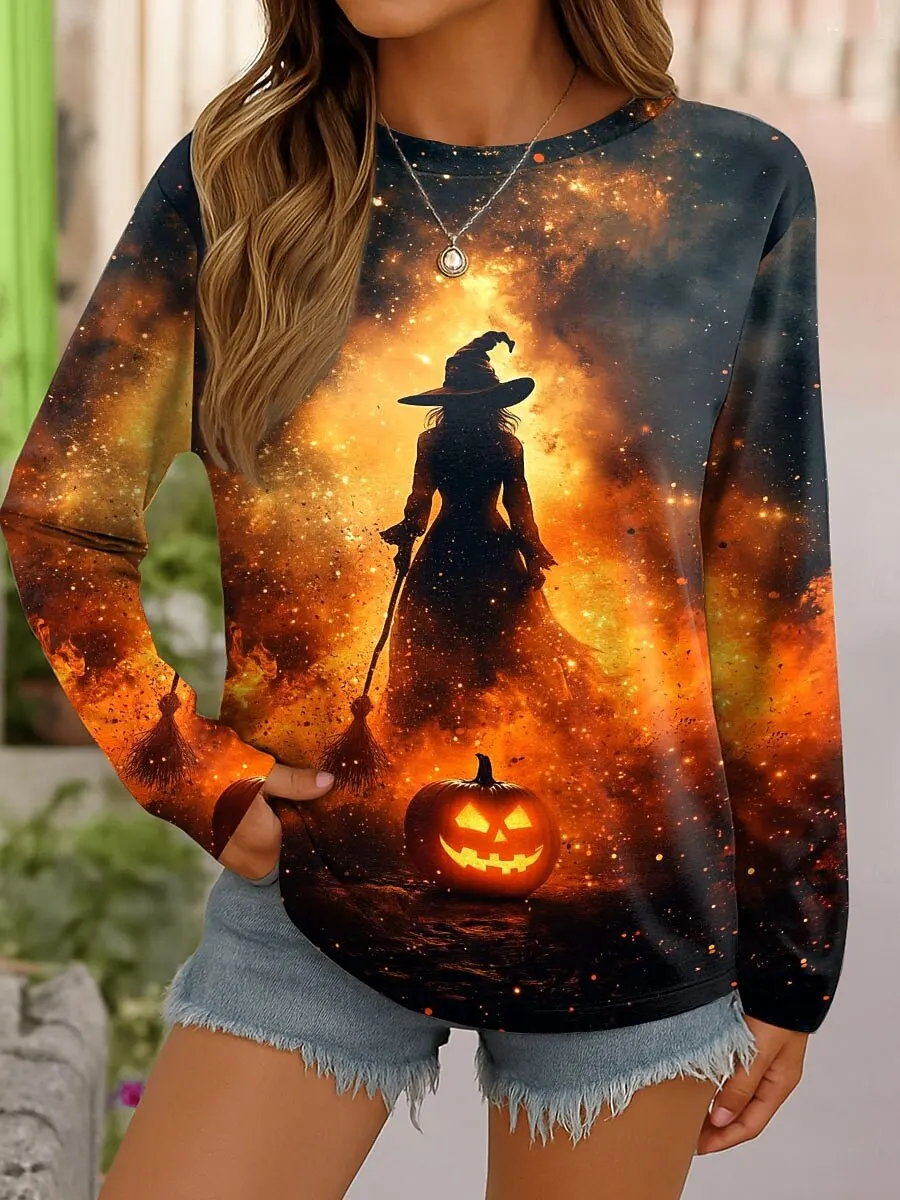 

Women Casual Long Sleeve Tops Halloween Theme Witch Graphic Tee Shirts Blouse Crewneck Fall Winter Streetwear Style y2k Pullover