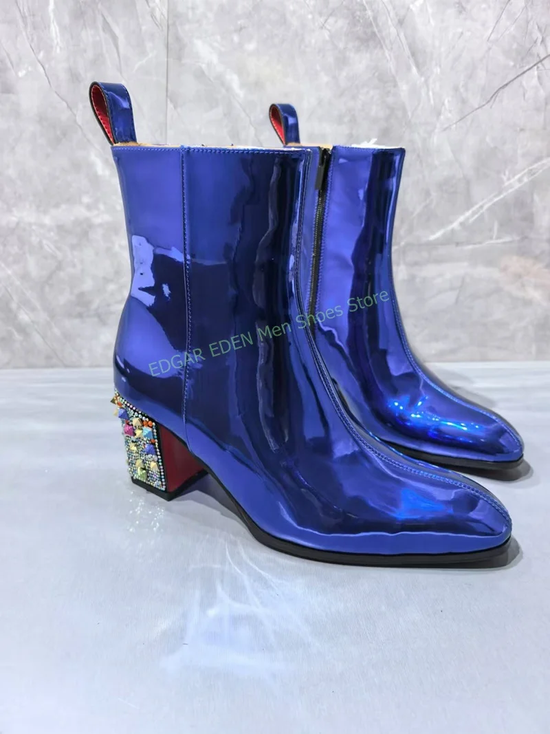 Fashion Colorful Crystal Decoration Square 5cm High Heel Ankle Boots Pointed Toe Side Zipper Male Blue Wedding Boots Shoes