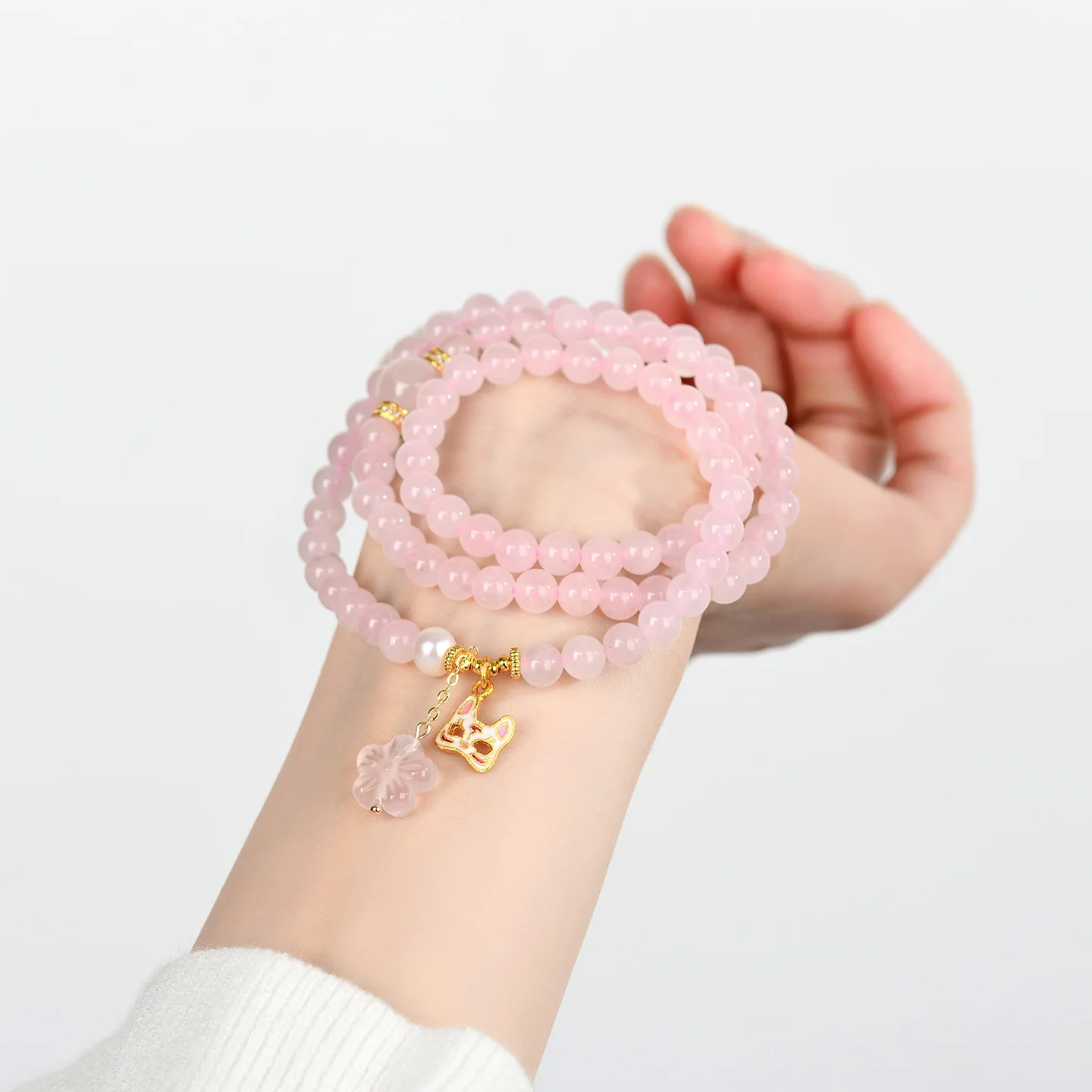 Natural Madagascar Rose Quartz Multi Circle Bracelet Fox Mask Original Peach Pink Love Jewelry Festival Gift