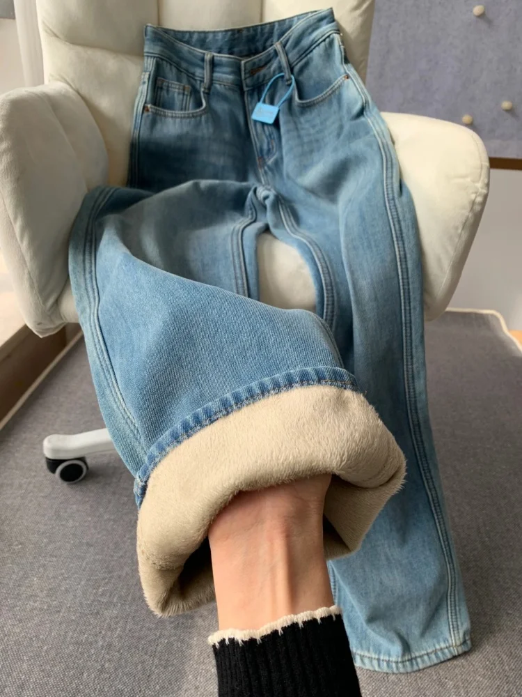 

Женские широкие джинсы на подкладке с высокой талией, длинные брюки прямого кроя, осень-зима, большие размеры, утягивающие повседневные джинсы свободного покроя