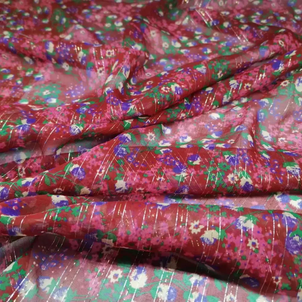 Attractive Beautiful Floral Printing Design Top Quality Cheap Price Soft Feeling Crinkle Silk Metallic Fabric for Lady Dress