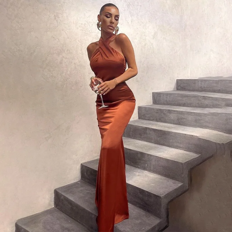 

Elegant Burnt Orange Satin Occasion Long Dresses For Women Halter Deep V-neck Backless Sleeveless Mermaid Skirt