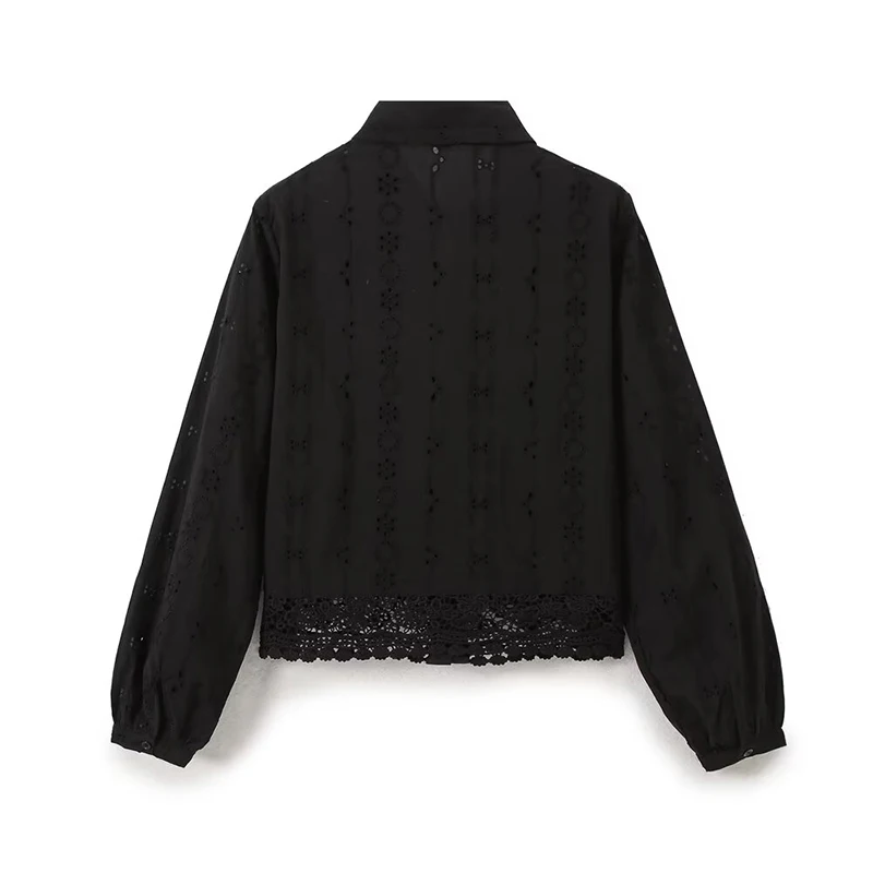 YENKYE Women Hollow Out Embroidery Black Shirt Long Sleeve Lapel Collar Crop Blouse Streetwear ropa de mujer