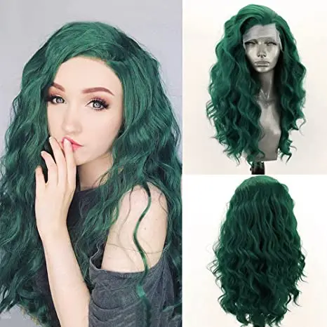 

100% High Temperature Heat Resistant Fiber Lace Front Synthetic Hair Wigs for Women Green Color Body Wave Glueless Long Wigs