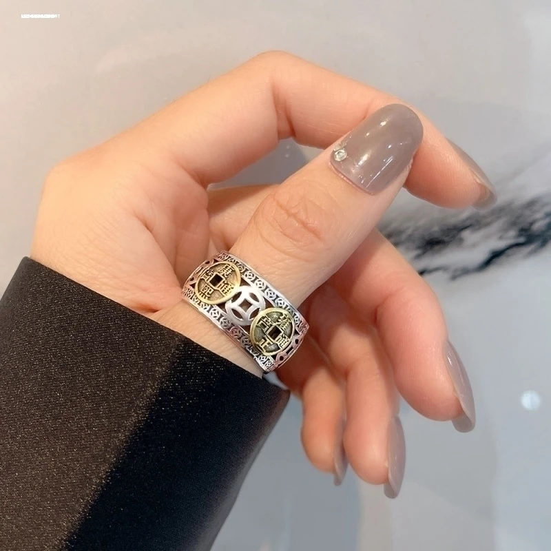 

Men's Domineering Vintage Open Court Five Emperor Coins Ring Couple's Faionable Personali Jewelry Non-Embedded