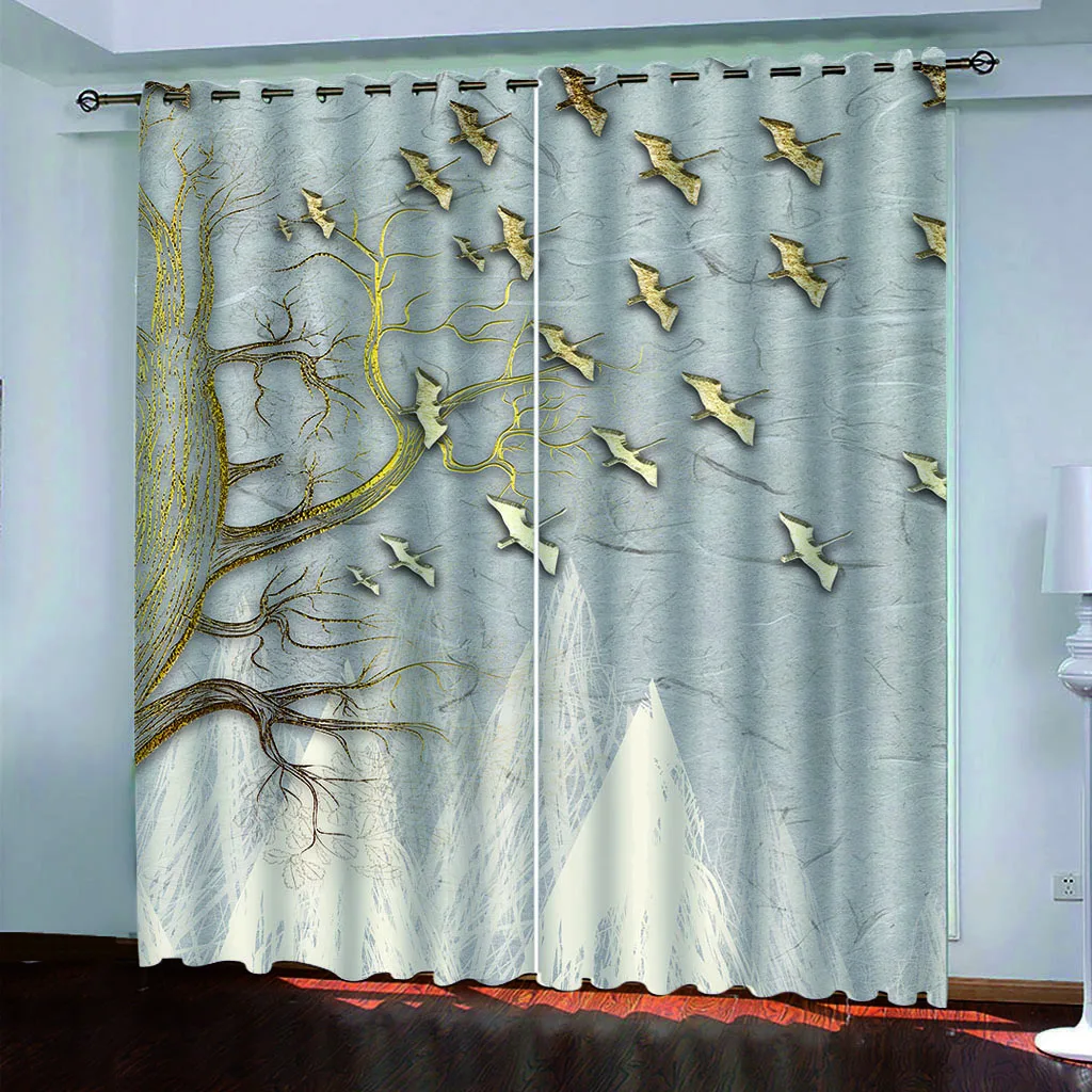 HUANZHUANG Blackout Curtain Abstract Gold Birds 2Pcs Painting Print Curtain Polyester Material For Living Room Bedroom Kitchen