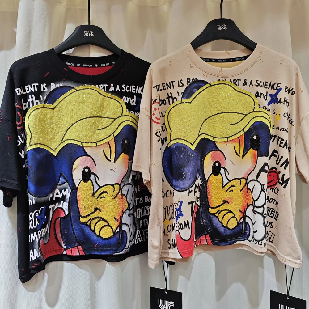 

plus Size Women's T-Shirt Cartoon Minnie Letter Sequin Print Splice Short Sleeve Fashion Hollow Vintage Top