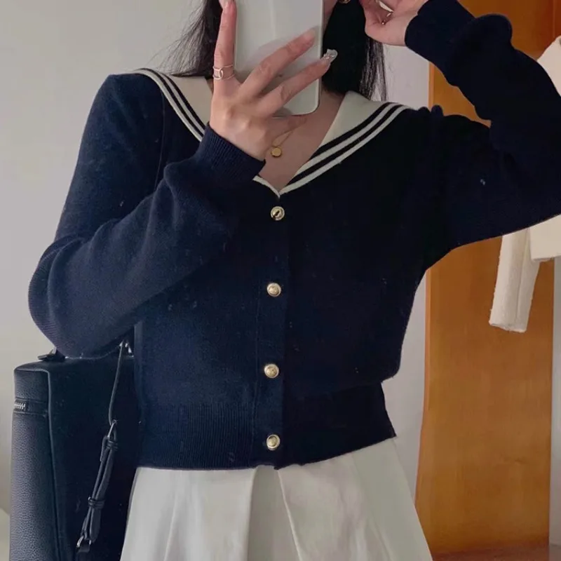 Deeptown Vintage Sailor Collar Women Cardigan Preppy Basic Sweater Korean Style Spring Knitwear White Jumper Japanese Aesthetic