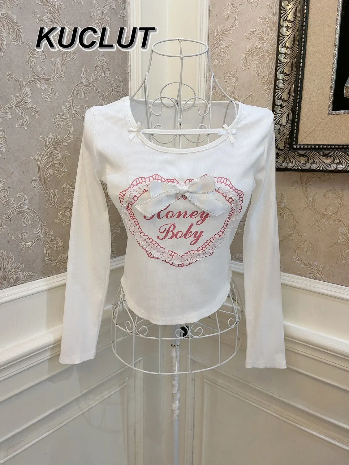 

Y2K Style Girl Tees Heart Bow Letter Print Lace Slim Fit Crop Top Fashion Long Sleeve T-Shirts Spring Autumn Women's Clothing