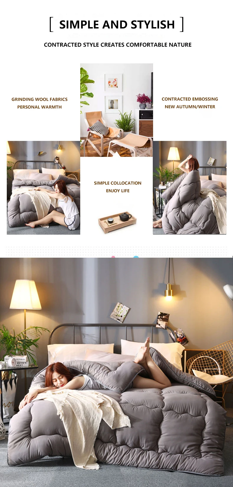 Graue Dicke Gesteppte Winter-Hotelbettdecke Queen King Weiche Winterdecke Sehr Warm 220x240 Steppdecke – Detail 2