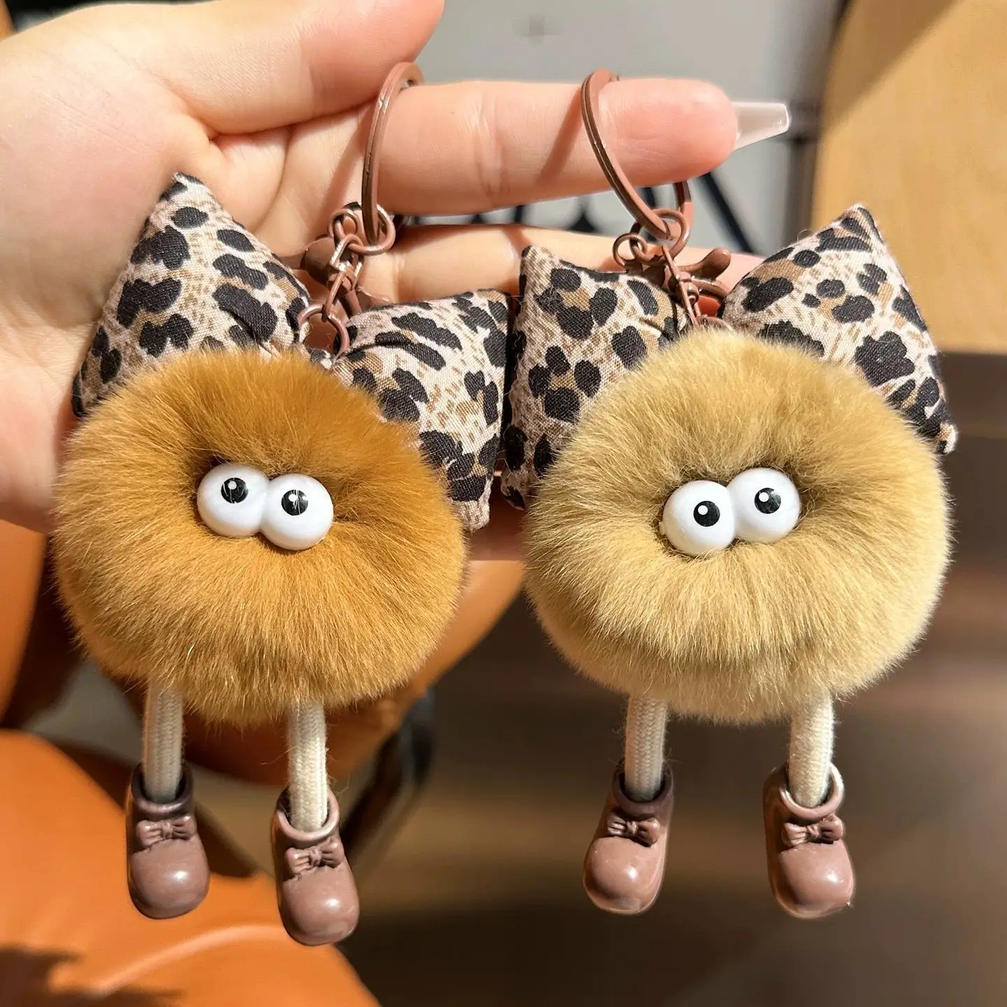 Cute Leopard Bow Faux Rex Rabbit Fur Pom-Pom Keychain with Bell & Mini Shoes – Adorable Car Bag Charm for Women & Girls