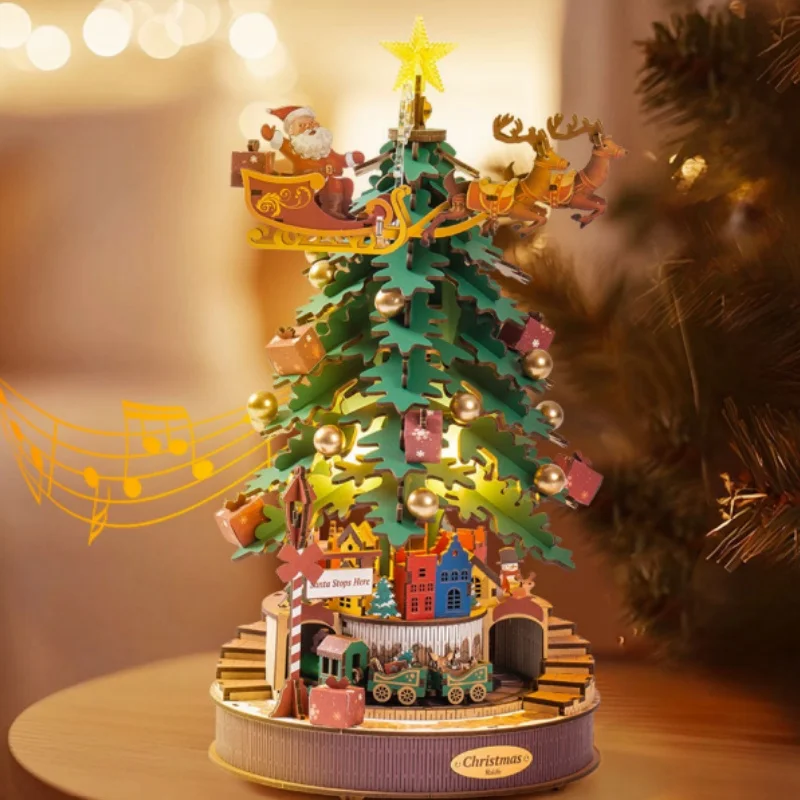 Robotime Music Box Christmas Melody Tree 3D Wooden Puzzles Wooden Model Kits for Adults to Build Best Gifts for Adults and Kids