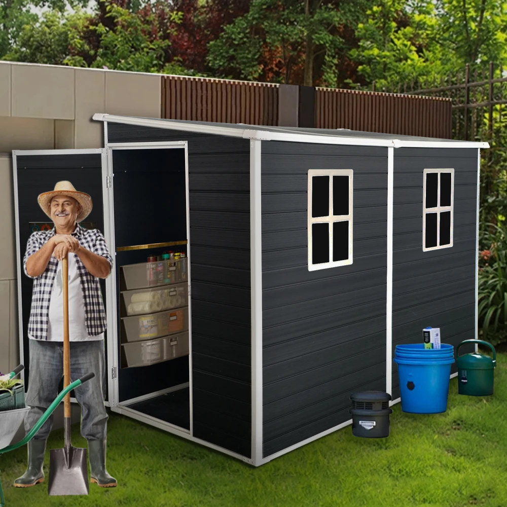 8x4ft Outdoor Resin Garden Shed with Floor and 2 Windows, Plastic Patio Outdoor Storage Shed with Lockable Door for Garden Tools