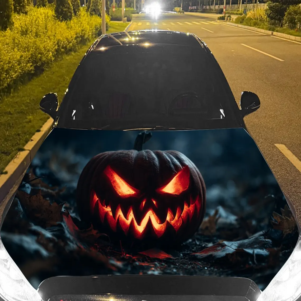 Car Decals Jack - o' - Lantern in Night Scene Car Hood Sticker, Waterproof Self - Adhesive Vinyl Graphics Decals, Decorative Pro