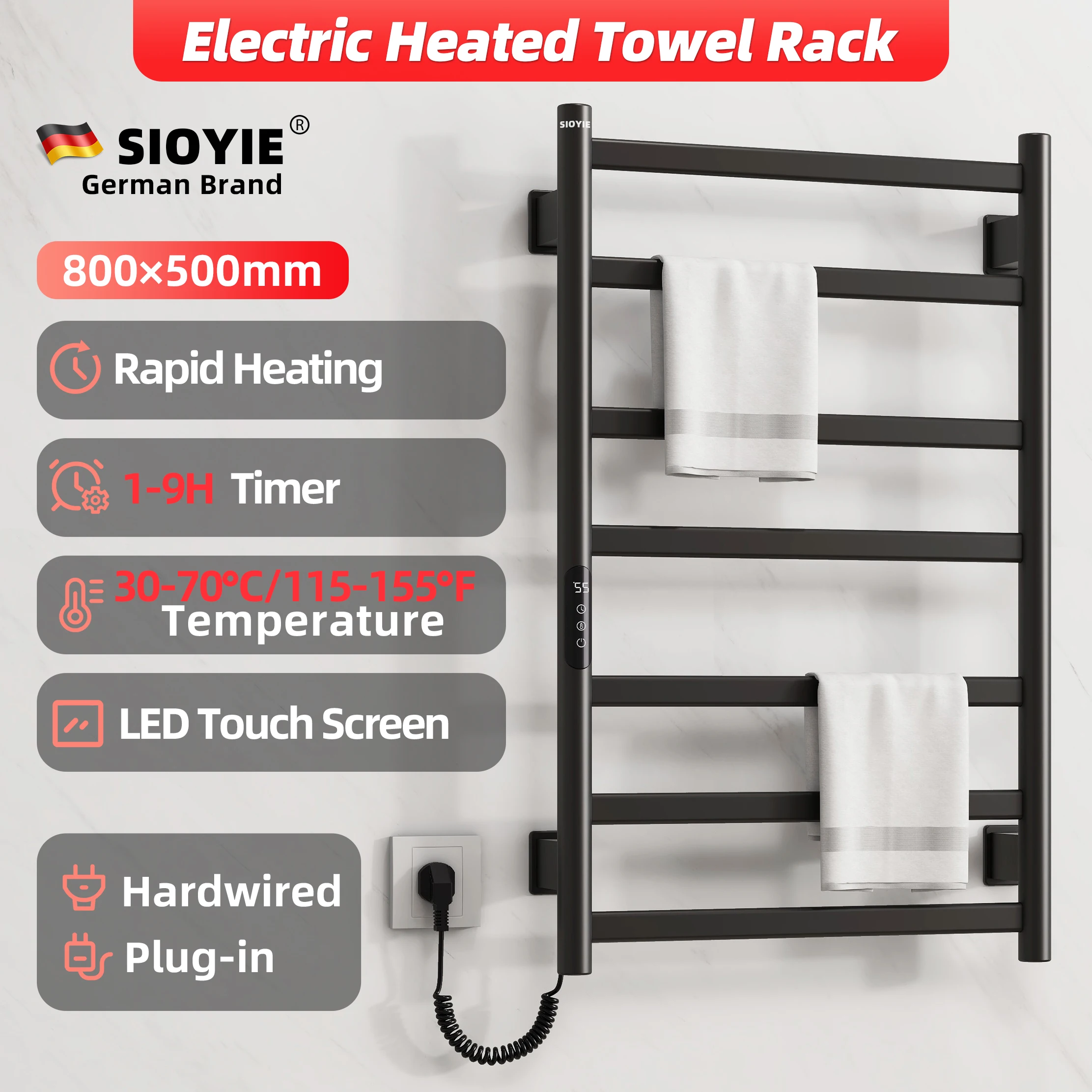 SIOYIE Towel Warmer Bathroom Wall Mounted Electric Towel Drying,  Heated Towel Rack with Timer And Temperature Control G301